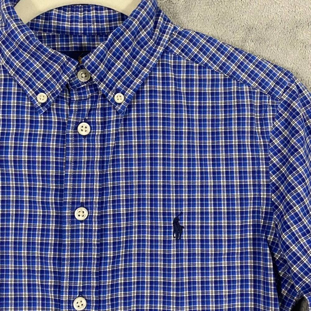 Ralph Lauren Shirt Boys‎ M 10-12 Blue Plaid Natural Stretch Button Down Logo